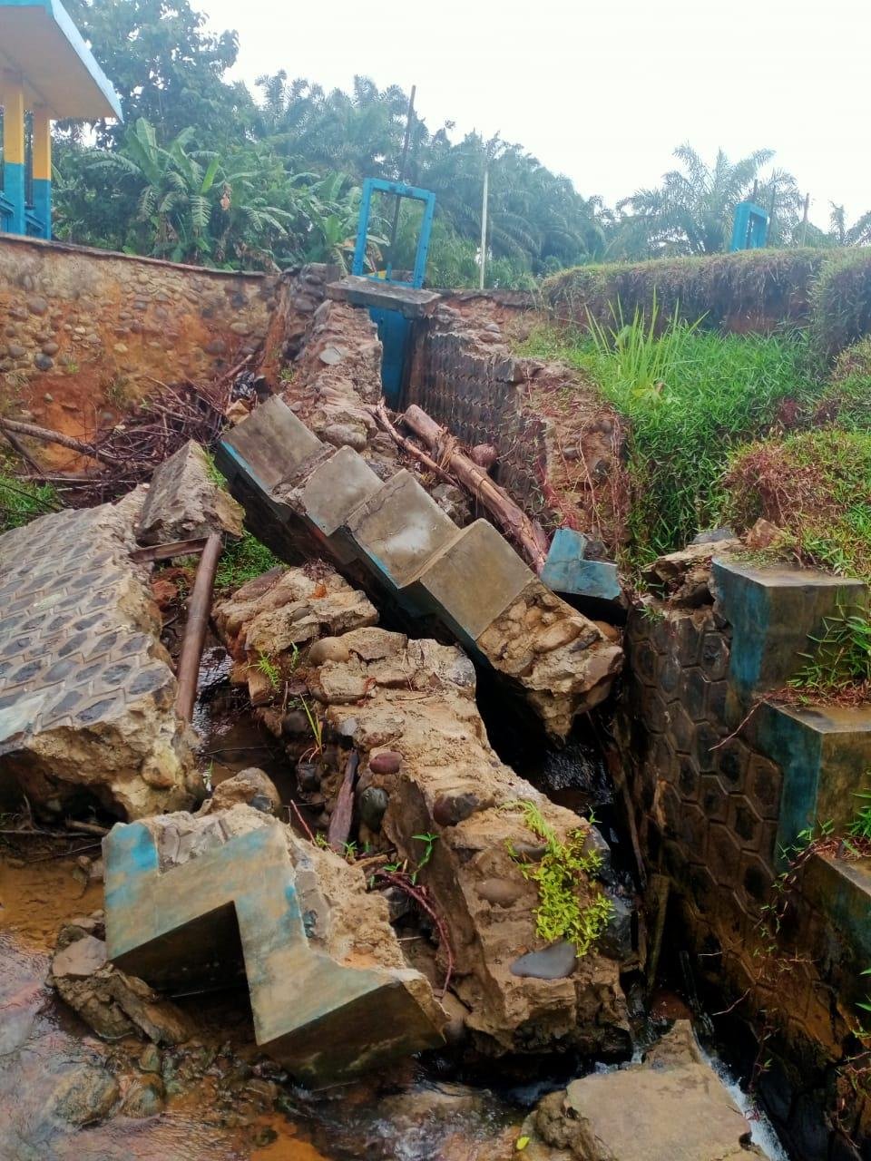 Bangunan saluran irigasi di Desa Purbo, Talang Prapat, Kecamatan Seluma, Bengkulu, rusak diterjang banjir Agustus lalu, sampai saat ini belum diperbaiki Balai Wilayah Sungai Sumatera (BWSS) VII Bengkulu, akibat keterbatasan anggaran. Foto kerusakan saluran irigasi ini ambil pekan lalu.(Foto/Ist)