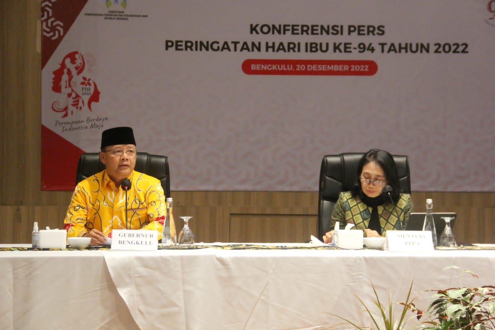 Jumpa Pers Menteri PPPA Menteri PPPA, I Gusti Ayu Bintang dan Gubernur Bengkulu, Rohidin Mersyah menggelar konferensi pers dalam rangka kegiatan Hari Perempuan Indonesia (HPI) ke-94 tahun 2022 di Bengkulu.(Foto/Ist)