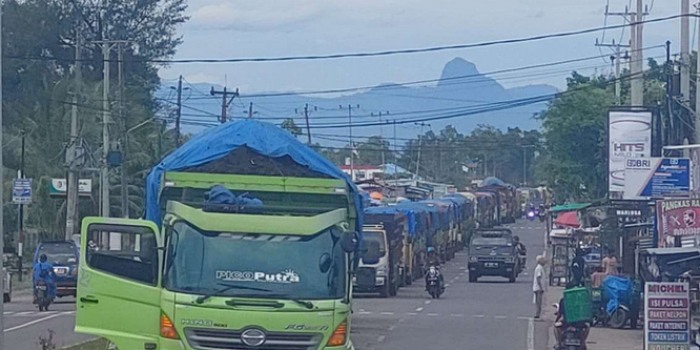 Antrean panjang truk angkutan batubara di Jalan RE Martadinata untuk membongkar batubara di Pelabuhan Pulau Baai, Kota Bengkulu beberapa waktu lalu.(Foto/Dok)