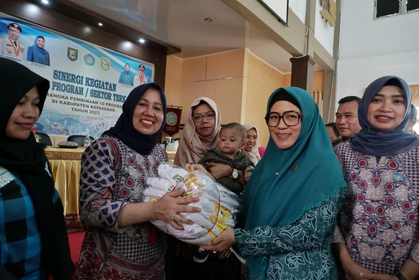 Ketua PKK Bengkulu, Derta Wahyulin Rohidin Ketua TP PKK Provinsi Bengkulu, Ny Derta Wahyulin Rohidin menyerahkan bantuan kepada Pengurus Tim PKK Kabupaten Kepahiang pada acara pembinaan 10 program PPK.(Foto/Ist)