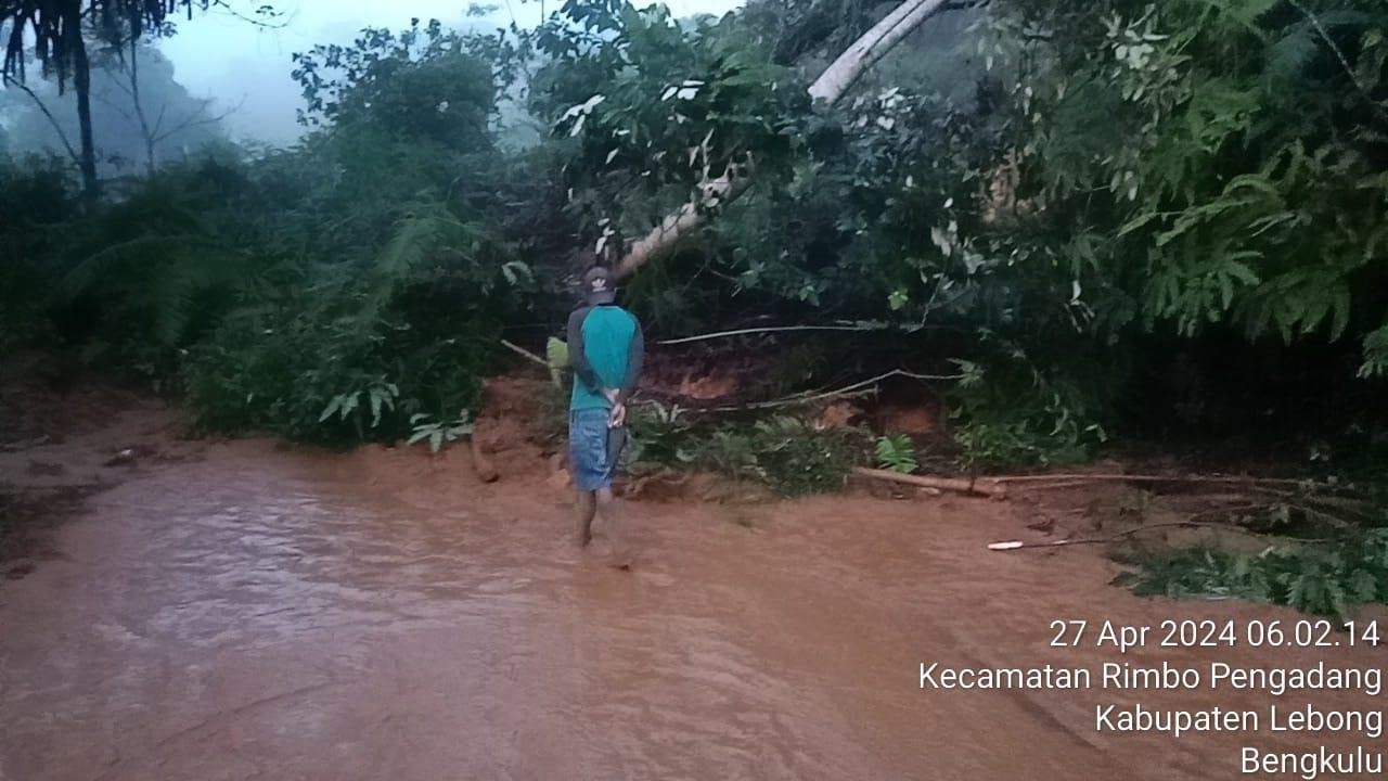 Timbunan longsor menutupi badan jalan di Desa Tik Kuto, Kecamatan Rimbo Pengadang,Kabupaten Lebong, Bengkulu akibat hujan lebat beberapa waktu lalu.(Foto/Ist)