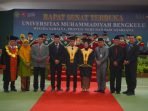 UMB Wisuda Sarjana Asisten I Pemprov Bengkulu, Khairil Anwar foto bersama para dosen Unirsitas Muhammadiyah Bengkulu (UMB) disela-sela wisuda Mei 2024.(Foto/Pemprov Bengkulu)
