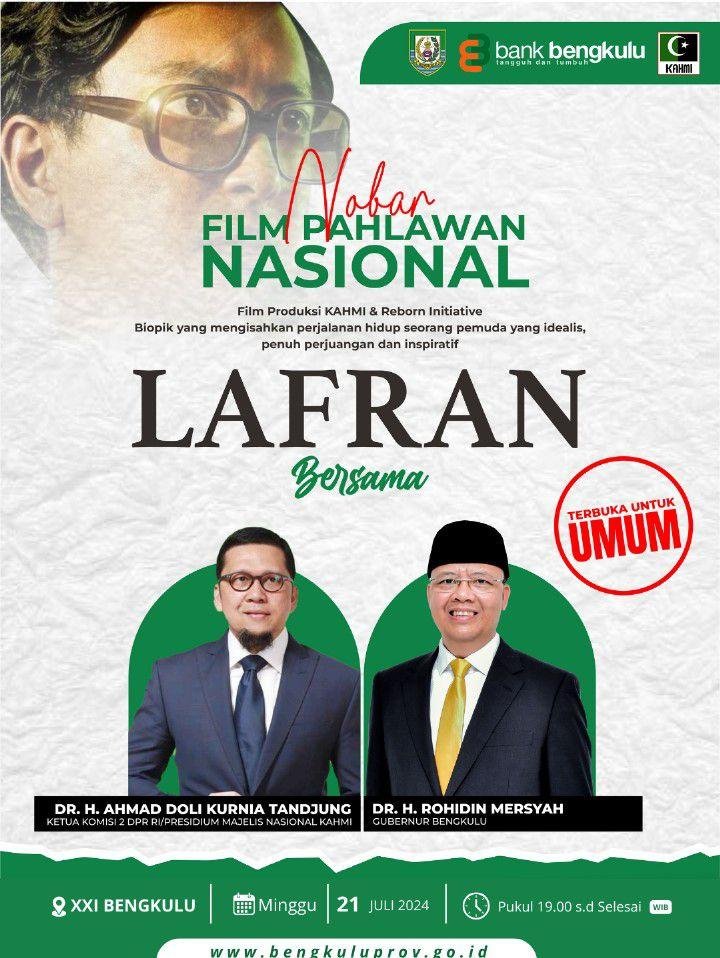 Nobar Film Lfran Pemprov Bengkulu bersama Bank Bengkulu dan HMI Bengkulu menggelar nonton barang fillm Lafran di salah satu bioskop di daerah ini pada Minggu (21/7/2024) dengan menyediakan 2.000 tiket gratis.(Foto : Humas Pemprov Bengkulu)
