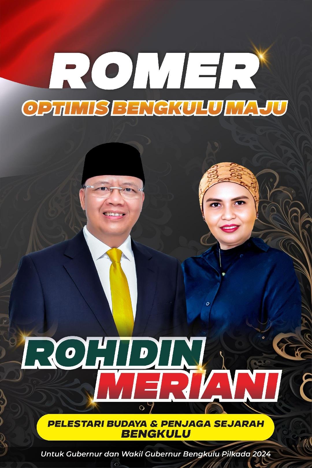 Paslon Gubernur dan Waki; Gubernur Bengkuku Pasangan calon gubernur dan wakil gubernur Bengkulu, Rohidin Mersyah-Meriani (Romer) siap pertarung di Pilgub 27 November 2024 mendatang. (Foto : Relawan Romer