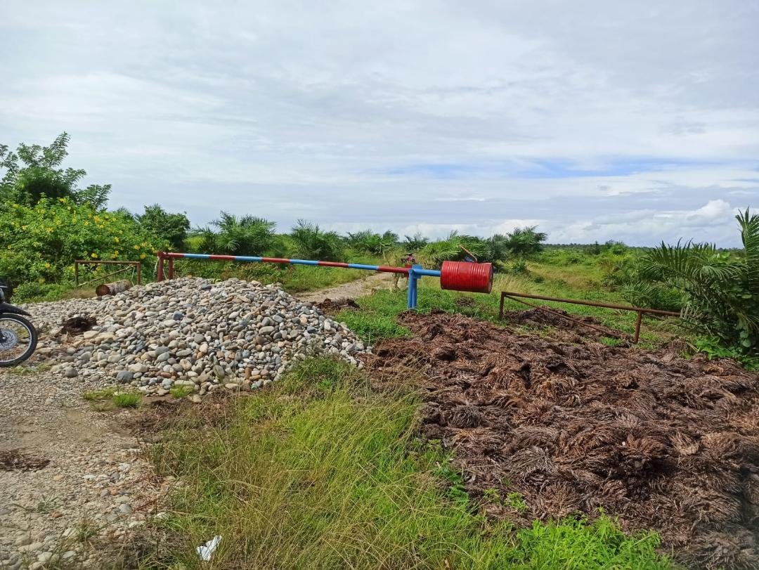 Jalan di Portal Jalan keluar masuk lokasi perkebunan PT Agricinal di Kecamatan Putri Hijau, Bengkulu Utara diprotal masyarakat, akibarnya aktivitas di perkebunan tersebut menjadi tergaggung.(Foto-Ist)