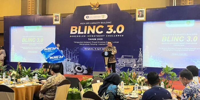 Kepala Perwakilan Bank Indonesia Bengkulu, Wahyu Yuwana Hidayat menyampaikan sambutan pada acara Kickoff BLINC 3.0 untuk memperkuat kesiapan proyek investasi menuju pasar global, berlangsung di salah satu hotel berbiintang di Kota Bengkulu.(Foto-foto/Ist)