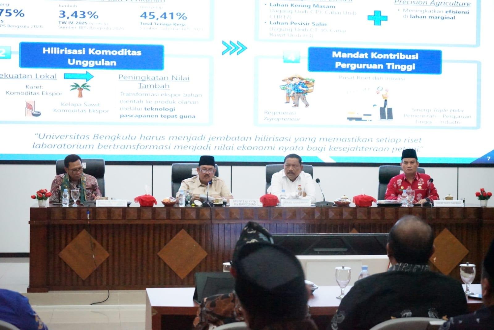 Menteri PPN/Kepala Bappenas, Rachmat Pambudi (paling kiri) bersama Rektor UIN FAS Bengkulu, Wagub Mian dan Sekda Bengkulu, Herwan Antoni mengikuti Rakor di Kantor Gubernur Bengkulu, Kamis 23 April 2026.(Foto/Ist)