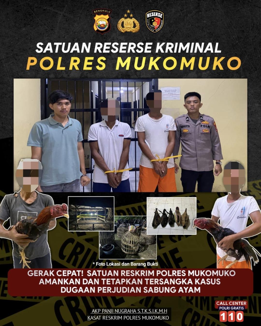 Satreskrim Polres Mukommuko amankan dua tersangka dugaan pelaku judi sambung ayam di salah satu lokasi perkebunan di wilayah tersebut.(Foto/Polres Mukomuko)