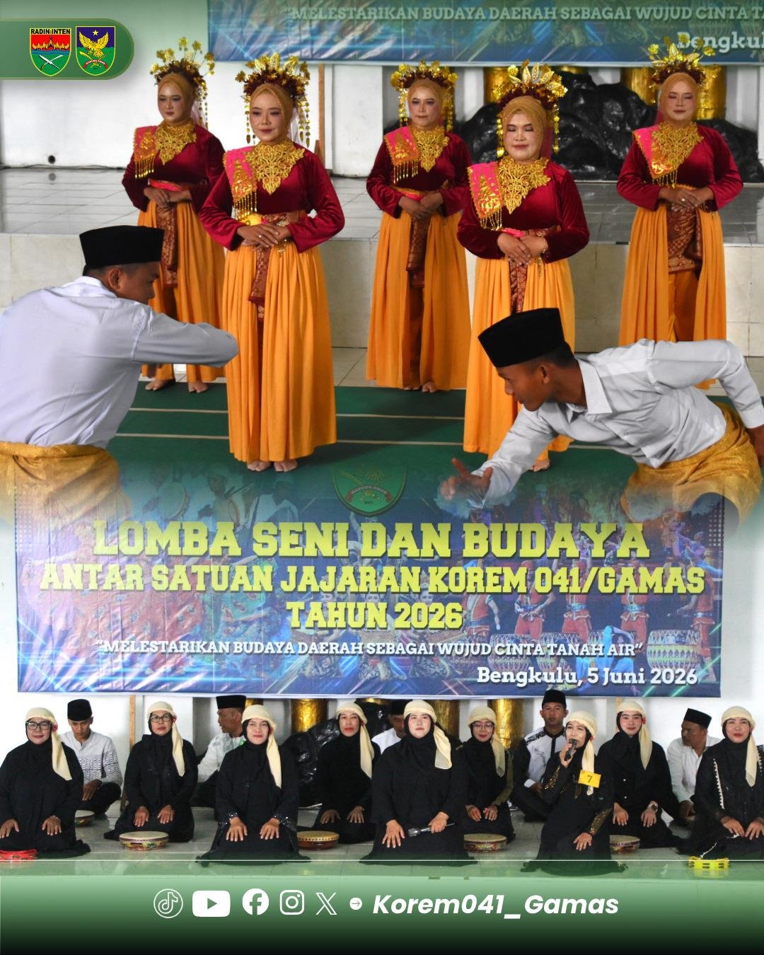 Dalam rangka mendukung pelestarian seni budaya bangsa, Korem 041 Gamas Bengkulu menggelar perlombaan seni dan budaya dengan peserta lingkup Korem 041 Gamas Bengkulu.(Foto/Ist)
